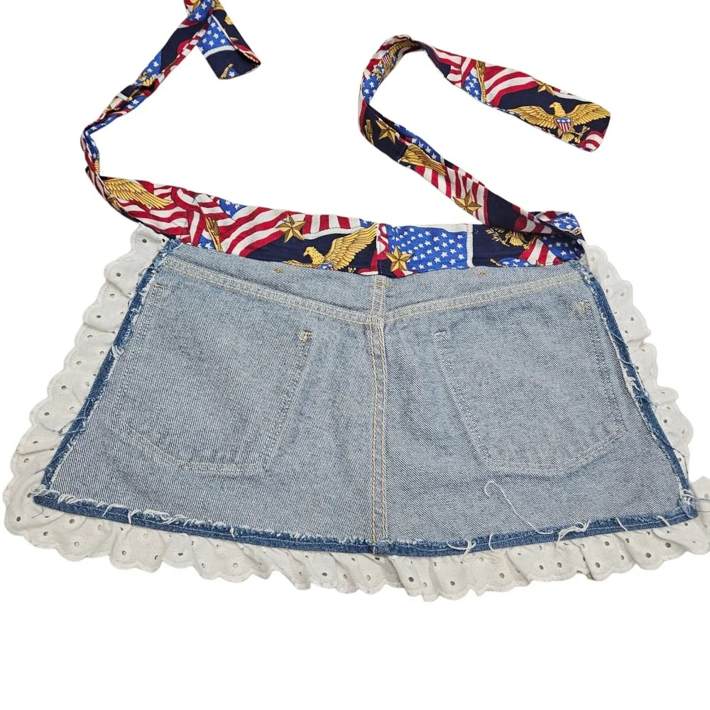 Denim Apron Upcycled Jean Pockets‎ Patriotic American Flag Lace Country Cookout